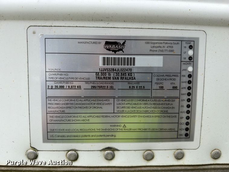 image for item YA4335 2018 Wabash  RFALSHA refrigerated van trailer