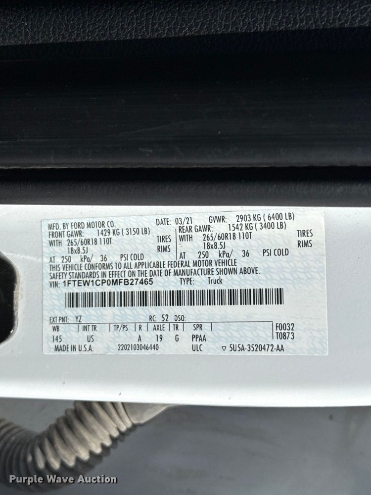 image for item ET6424 2021 Ford F150 Crew Cab pickup truck