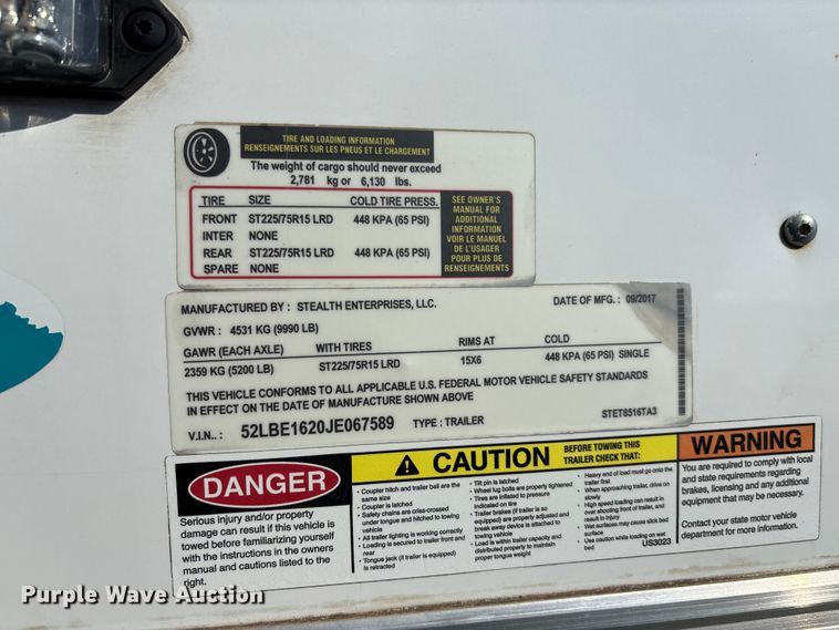 image for item FC1885 2018 Stealth Enterprises STET8516TA3 enclosed cargo trailer