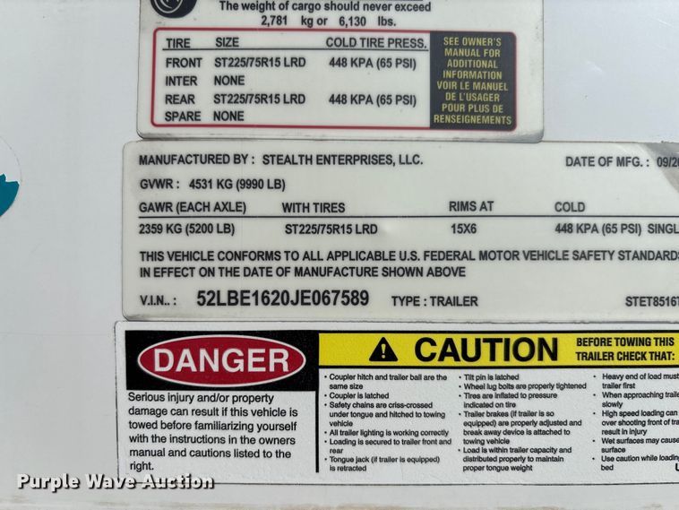 image for item FC1885 2018 Stealth Enterprises STET8516TA3 enclosed cargo trailer