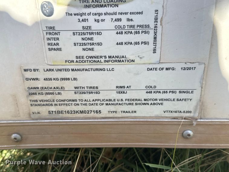 image for item FC4204 2018 Lark VT7X16TA-5200 enclosed cargo trailer