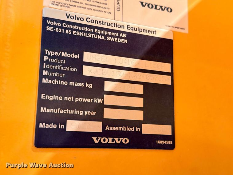 image for item DU1505 2017 Volvo L150H wheel loader