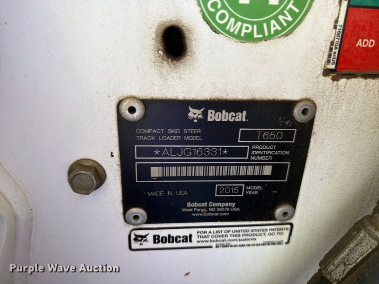 image for item DV8591 2015 Bobcat T650 tracked skid steer loader