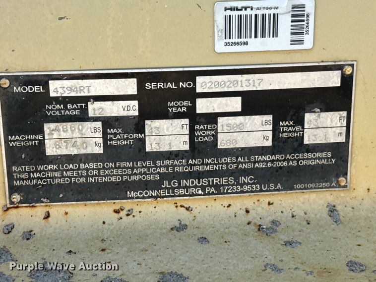 image for item DY3226 JLG 4394RT scissor lift