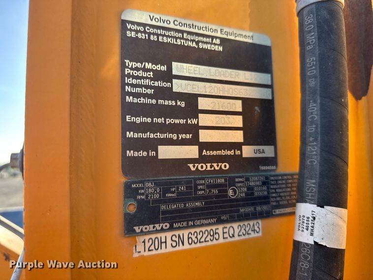 image for item DY3275 2018 Volvo L120H wheel loader