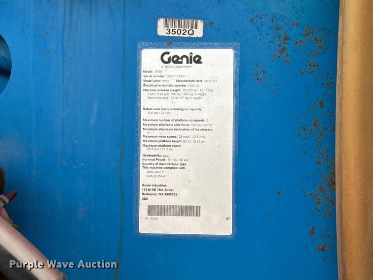 image for item DZ4636 2007 Genie S-65 boom lift