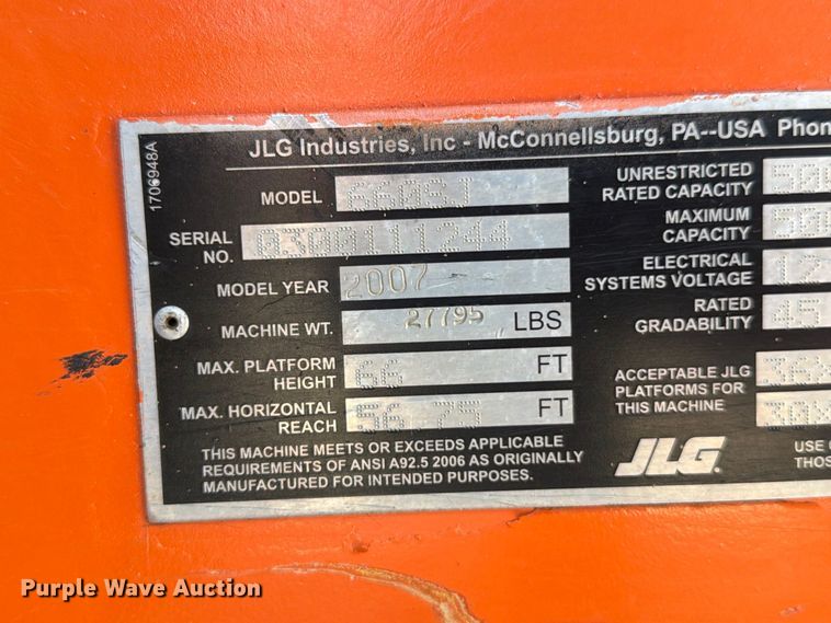 image for item DZ4699 2007 JLG 660SJ boom lift
