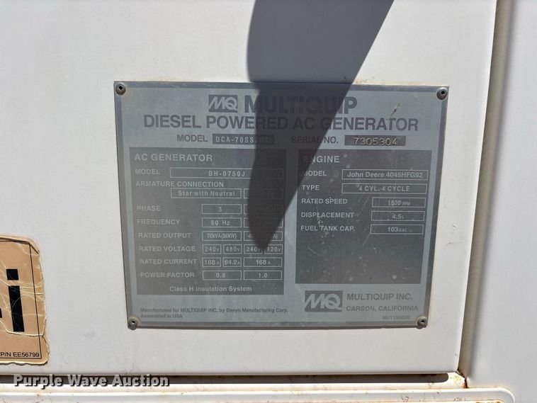 image for item EF6379 Multiquip DCA-0750J generator