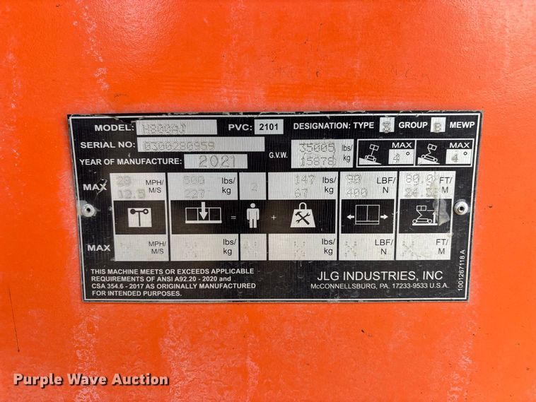 image for item EL2621 2021 JLG H800AJ boom lift