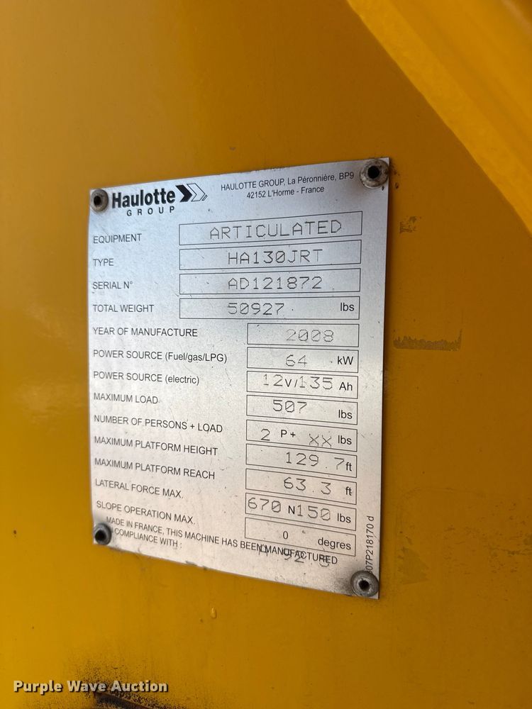 image for item FB6846 2008 Haulotte HA130JRT boom lift