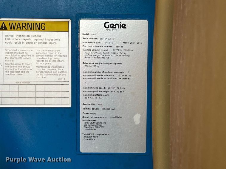 image for item FG0630 2015 Genie S-65 boom lift