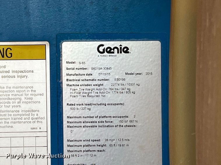 image for item FG0630 2015 Genie S-65 boom lift