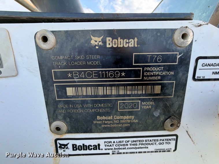 image for item FK5089 2020 Bobcat T76 tracked skid steer loader