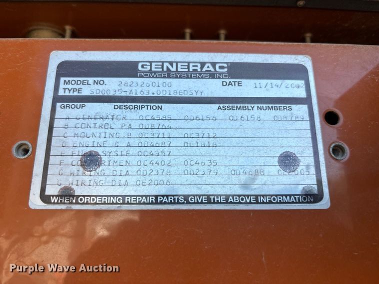 image for item NM9958 2002 Generac 2823260100 generator