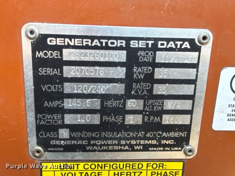 image for item NM9958 2002 Generac 2823260100 generator