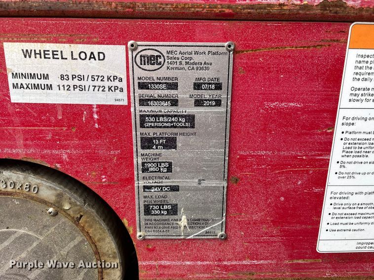 image for item YA3470 2018 MEC 1330SE scissor lift