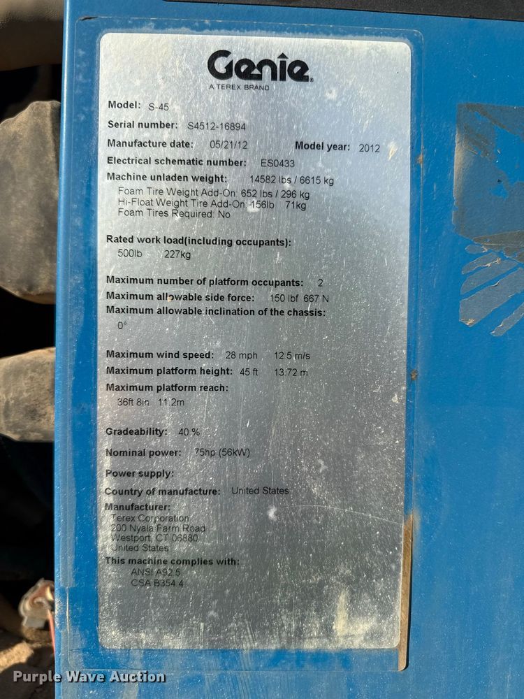 image for item YA4656 2012 Genie S-45 boom lift