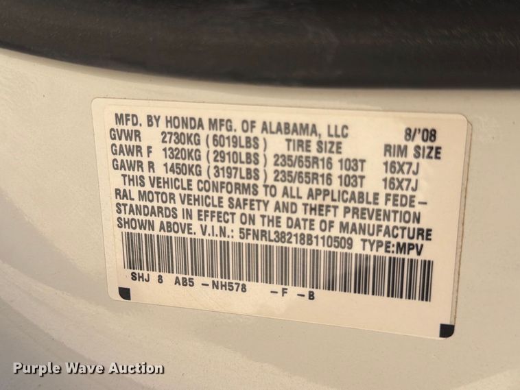 image for item EF6437 2008 Honda Odyssey van