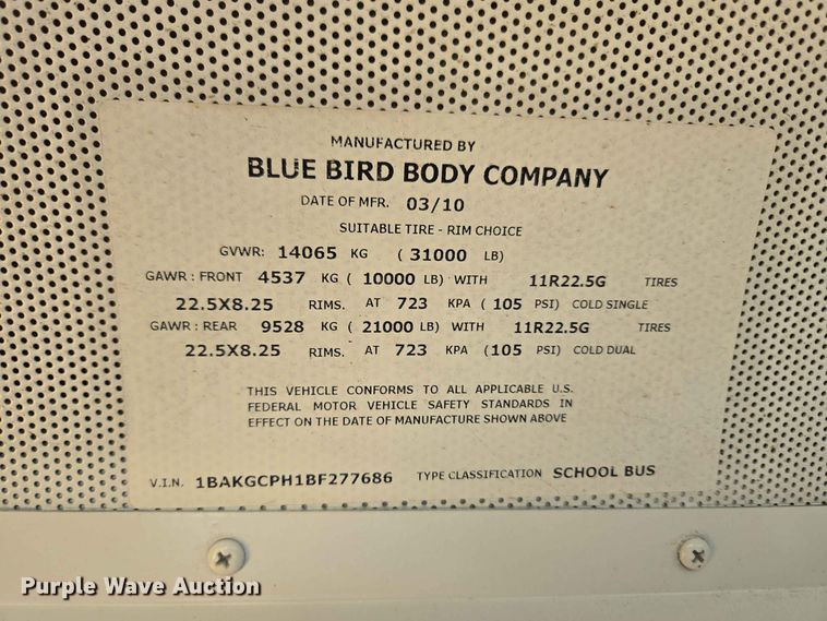 image for item EW8528 2011 Blue Bird Bb Conventional school bus