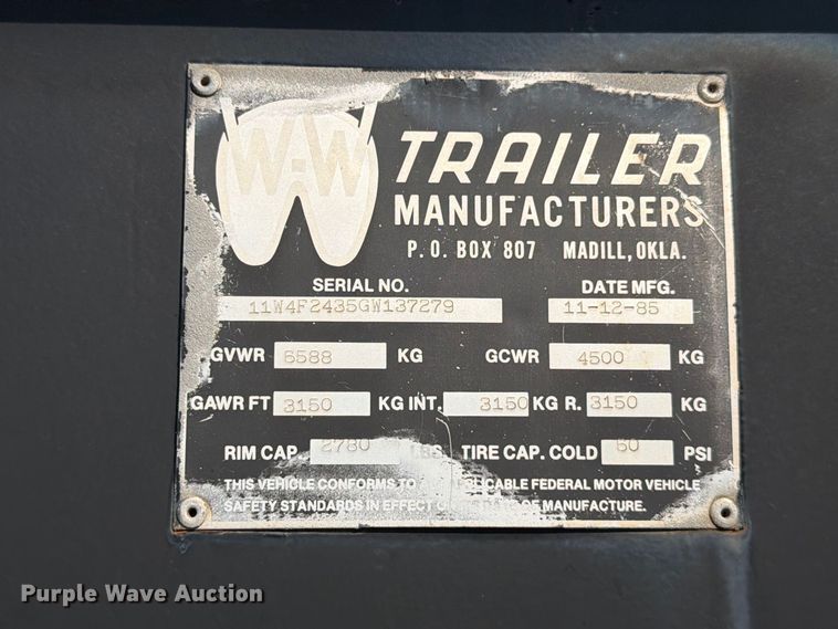 image for item EW8755 1986 W-W Trailer Manufacturers equipment trailer