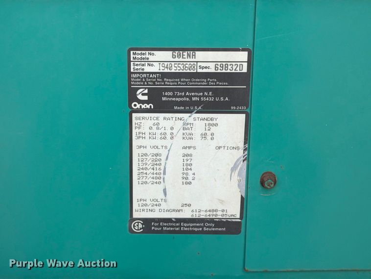 image for item FT6502 Onan 60ENA generator