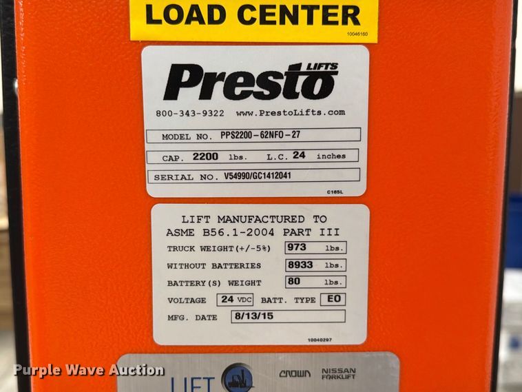 image for item FU0508 2015 Presto PPS2200-62NFO-27 pallet jack