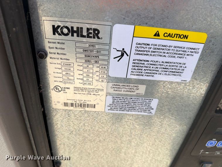 image for item NF9547 2017 Kohler 30RCL generator