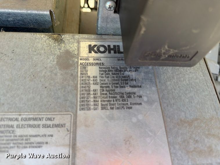 image for item NF9547 2017 Kohler 30RCL generator
