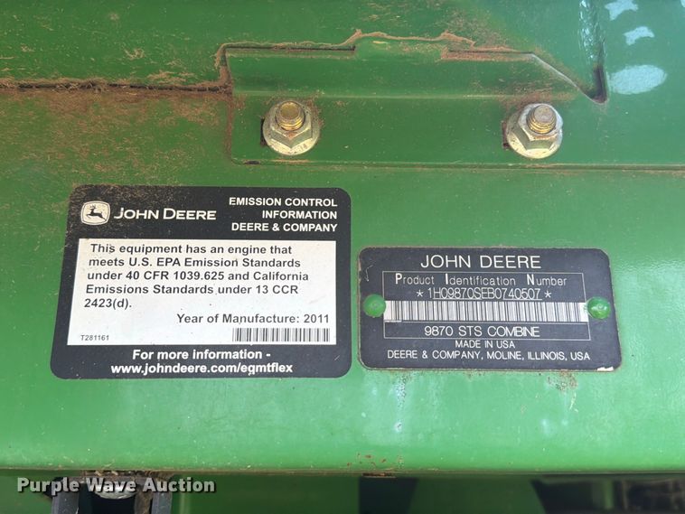 image for item EP7553 2011 John Deere 9870 STS combine