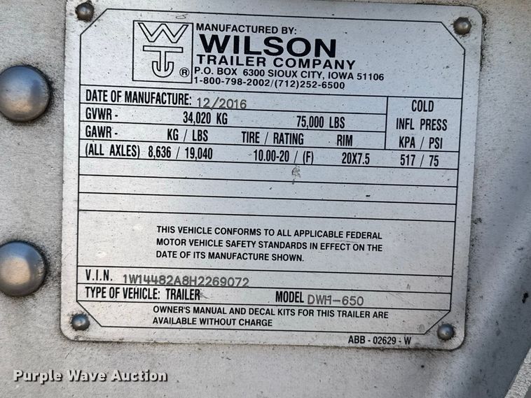 image for item EW4254 2017 Wilson DWH-650 grain trailer