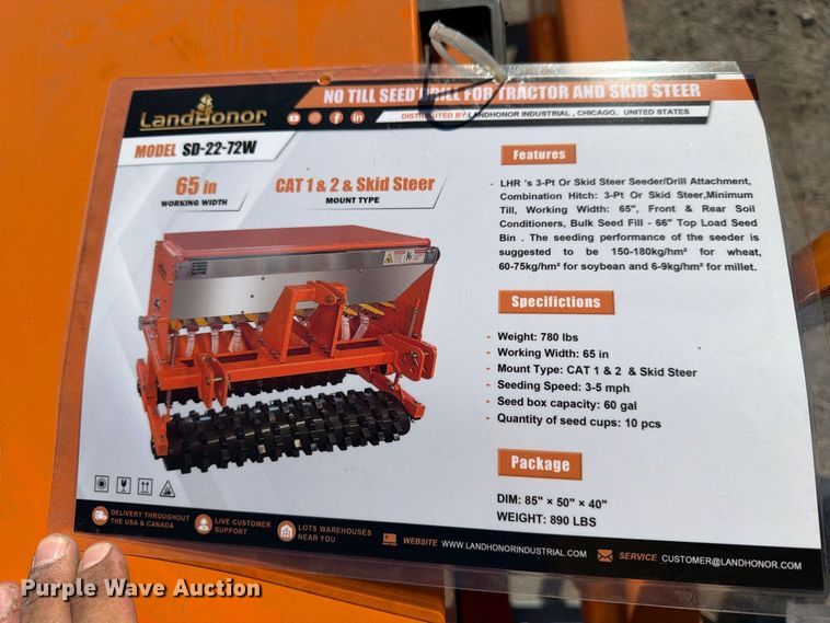 image for item EX4209 2026 LandHonor SD-22-72W skid steer seeder