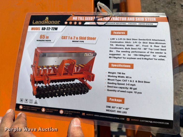 image for item EX4209 2026 LandHonor SD-22-72W skid steer seeder