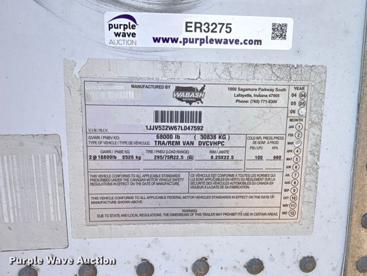 image for item ER3275 2007 Wabash DVCVHPC dry van trailer