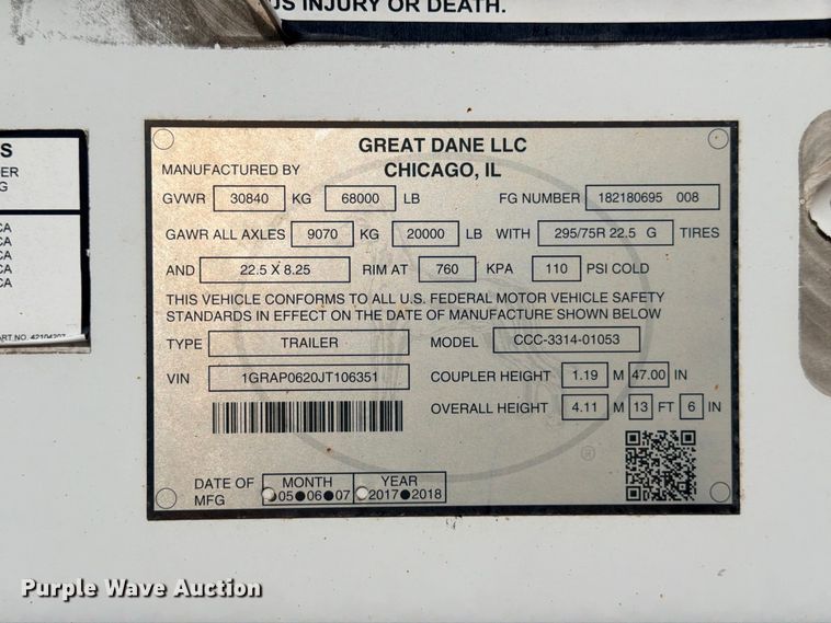 image for item YA4462 2018 Great Dane CCC-3314-01053 dry van trailer