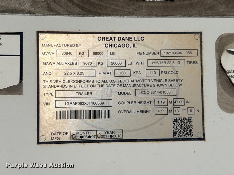 image for item YA4463 2018 Great Dane CCC-3314-01053 dry van trailer