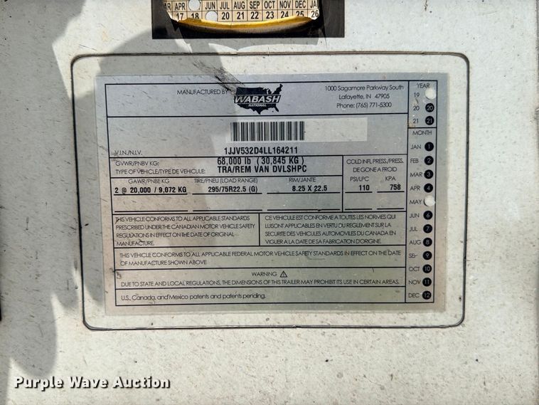 image for item YA4622 2020 Wabash DVLSHPC dry van trailer
