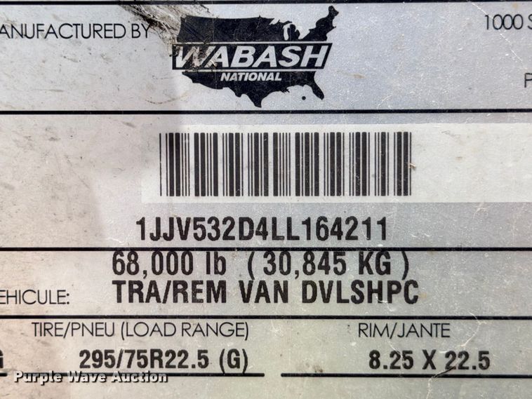 image for item YA4622 2020 Wabash DVLSHPC dry van trailer