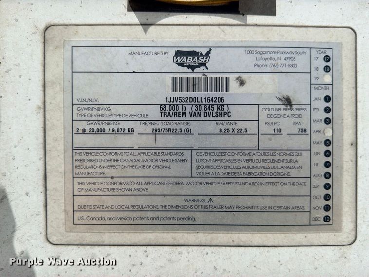 image for item YA4868 2020 Wabash  DVLSHPC dry van trailer