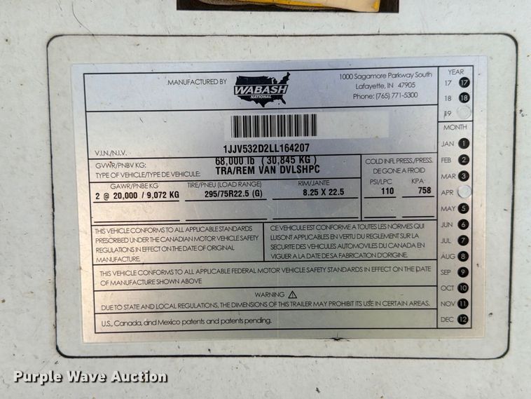 image for item YA4869 2020 Wabash DVLSHPC dry van trailer