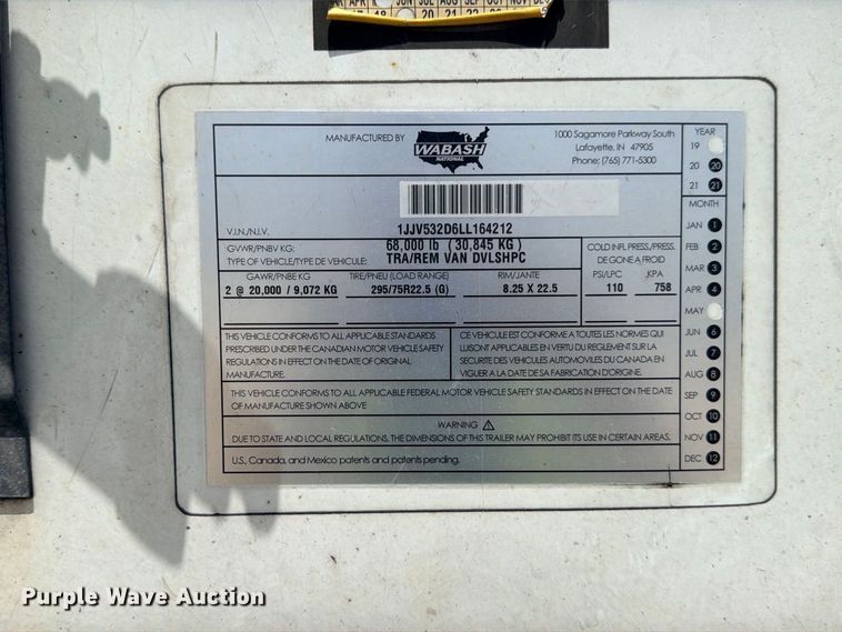 image for item YA4873 2020 Wabash DVLSHPC dry van trailer