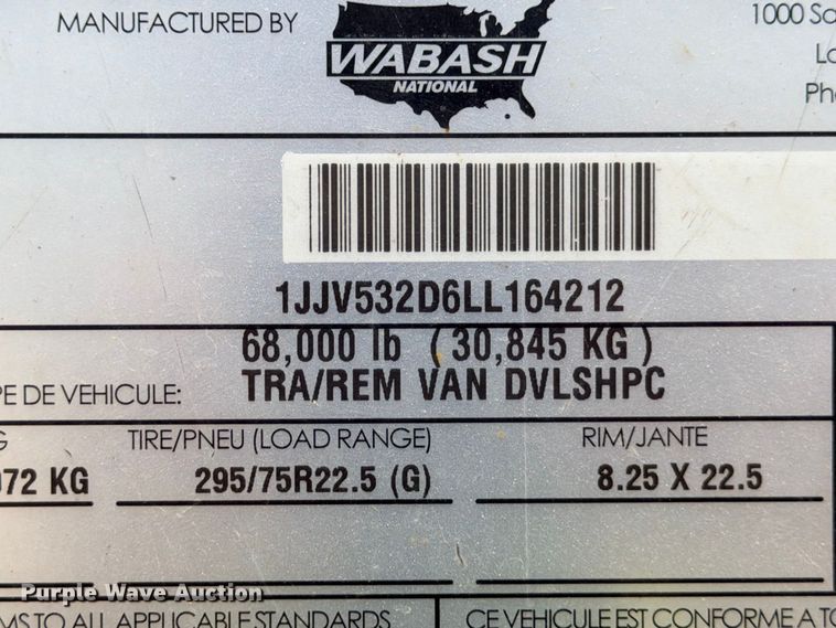 image for item YA4873 2020 Wabash DVLSHPC dry van trailer