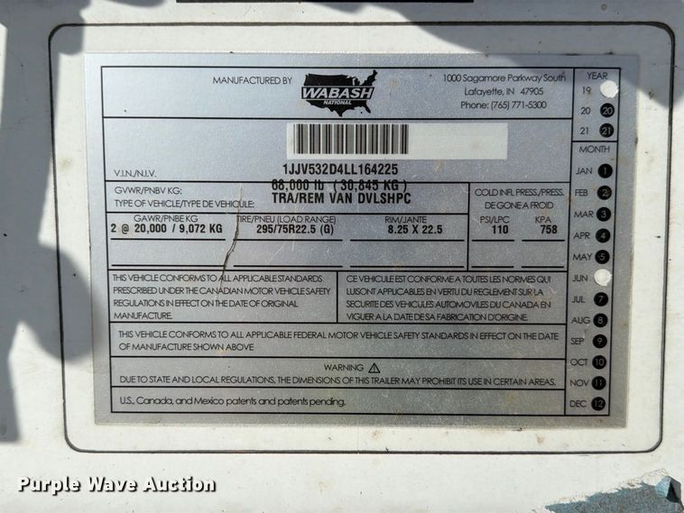 image for item YA4895 2020 Wabash DVLSHPC dry van trailer