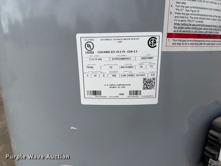 image for item DZ4821 AO Smith FCG-75 400 water heater