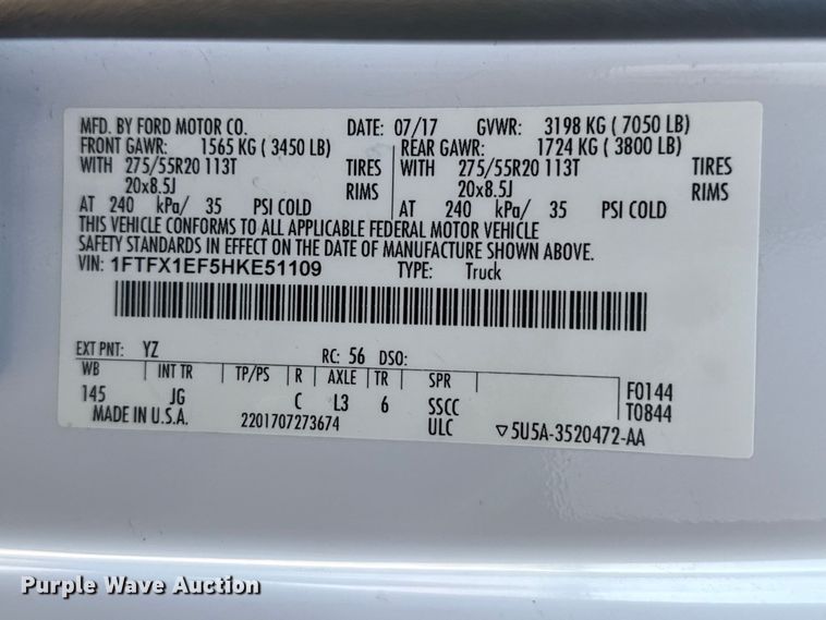 image for item EW4327 2017 Ford F150 Ext. Cab pickup truck