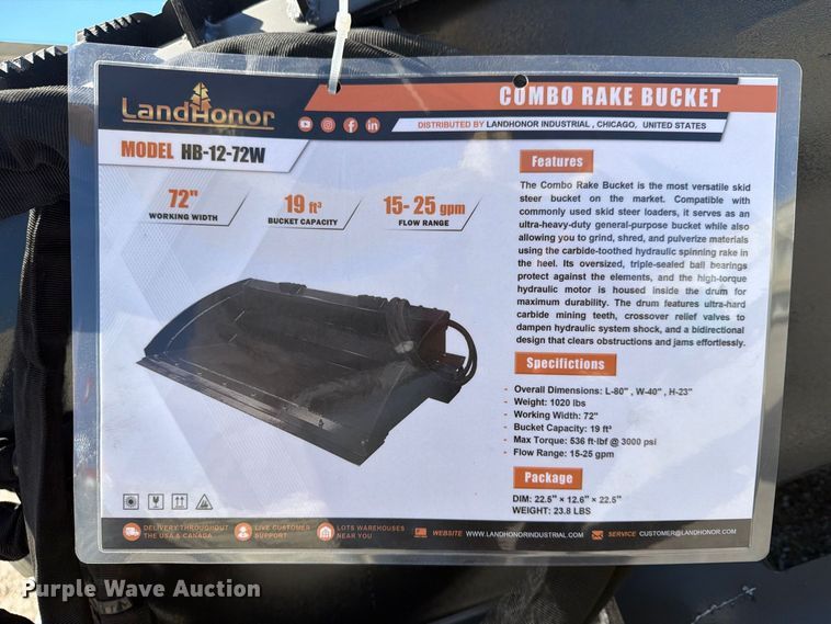 image for item EX4207 2026 LandHonor HB-12-72W skid steer combination rake bucket