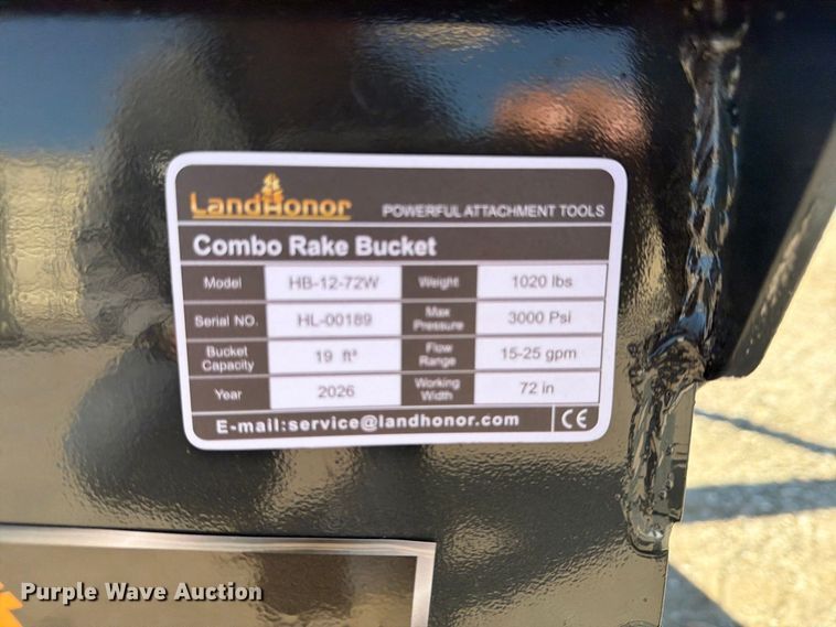 image for item EX4207 2026 LandHonor HB-12-72W skid steer combination rake bucket