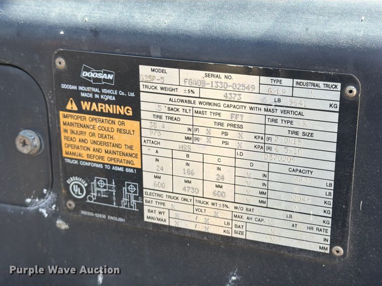 image for item FU4671 2012 Doosan G25P-5 forklift