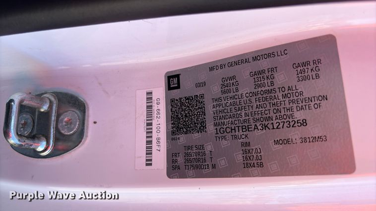 image for item YA3504 2019 Chevrolet Colorado Ext. Cab pickup truck