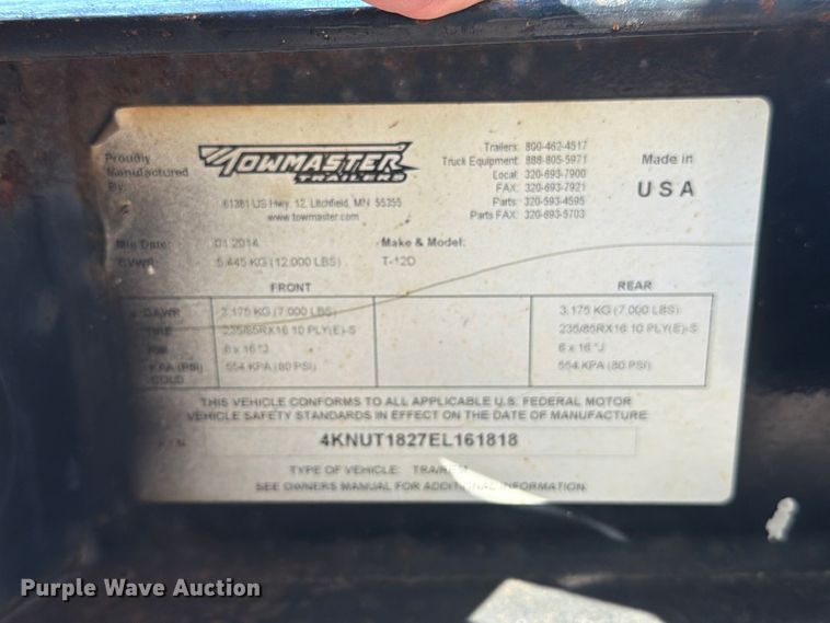 image for item YA4291 2014 Towmaster Inc. utility trailer