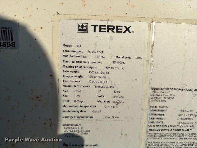 image for item DZ4689 2015 Terex RL4 light plant
